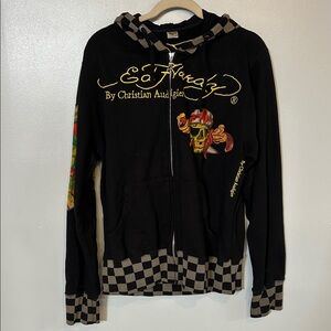Ed Hardy by Christian Audigier Hoodie‎ Size Medium Black Full-Zip Skull RARE